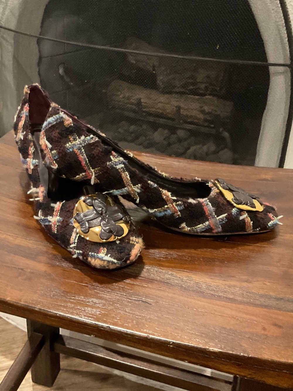 Tory Burch Revolve Wool Blend Mixed Media Tweed Boucle Plaid Pump Brown Size 8 - Picture 2 of 9
